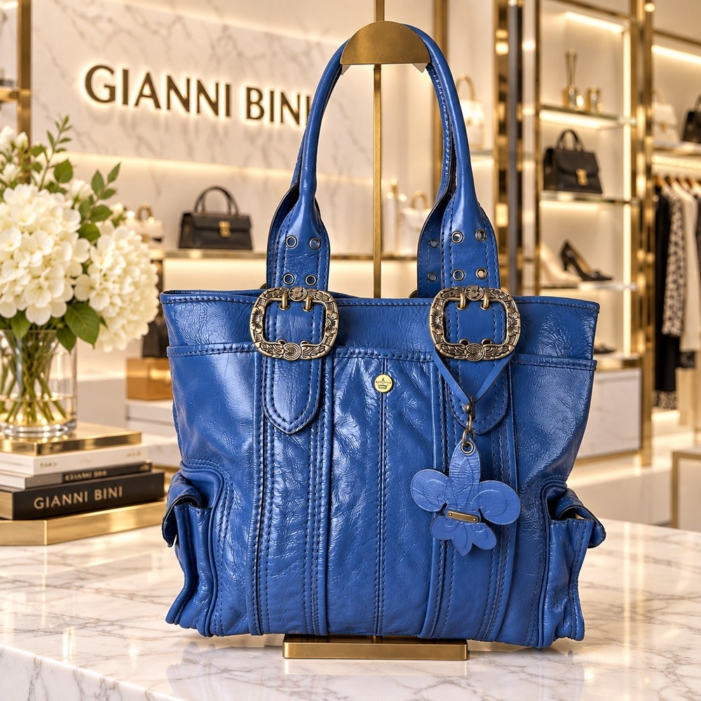 Gianni Bini Vintage Y2K Shoulder Tote Bag Patent Leather Blue Fleur De Lis Charm